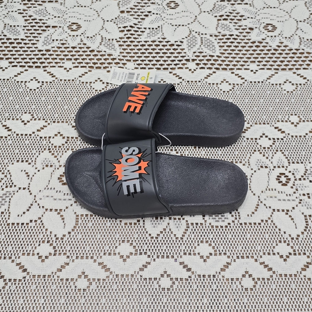 NWT Boy's Slides Sandals Dark Gray Size 2 Orange Awesome Word Slip On Shoes - Picture 3 of 6